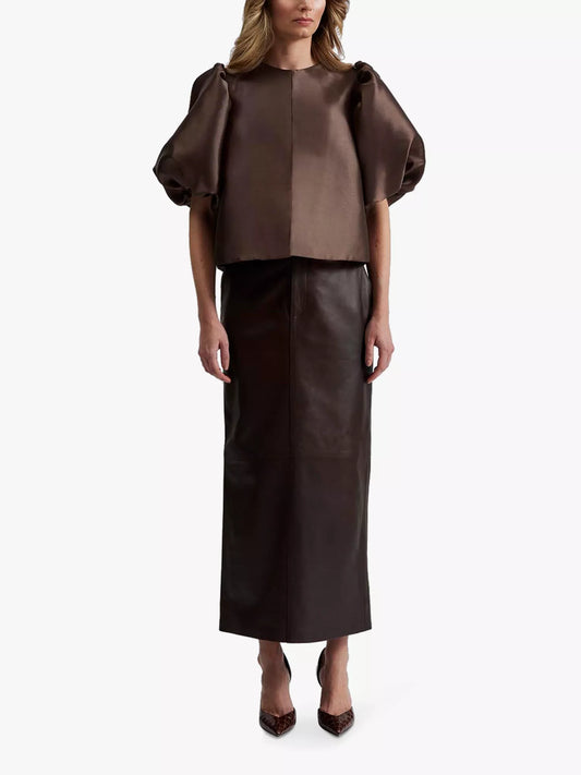 chocolate satin puff sleeve blouse with cropped fit and hook and eye closure model shot