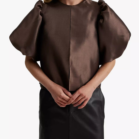 chocolate satin puff sleeve blouse with cropped fit and hook and eye closure