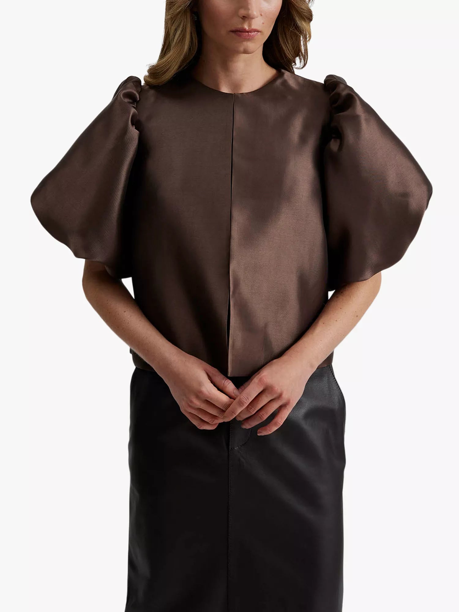 chocolate satin puff sleeve blouse with cropped fit and hook and eye closure