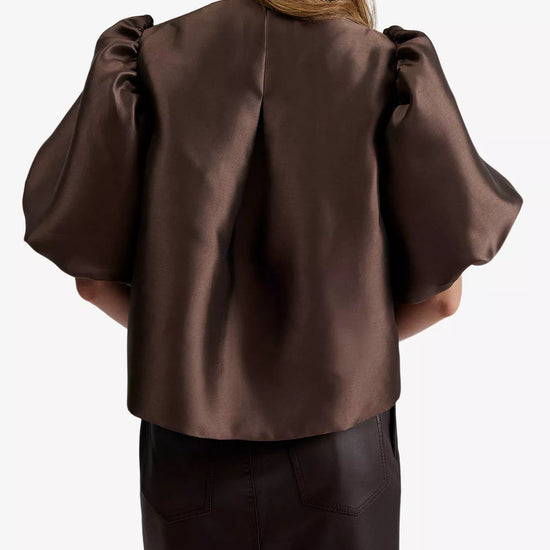 chocolate satin puff sleeve blouse with cropped fit and hook and eye closure rear view 