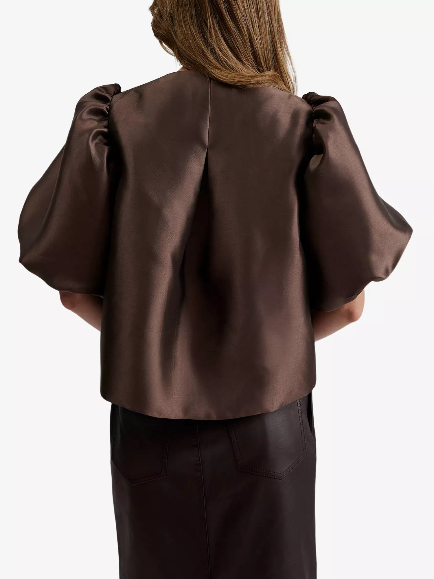 chocolate satin puff sleeve blouse with cropped fit and hook and eye closure rear view 