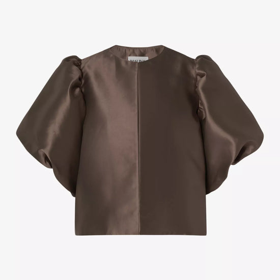 chocolate satin puff sleeve blouse with cropped fit and hook and eye closure