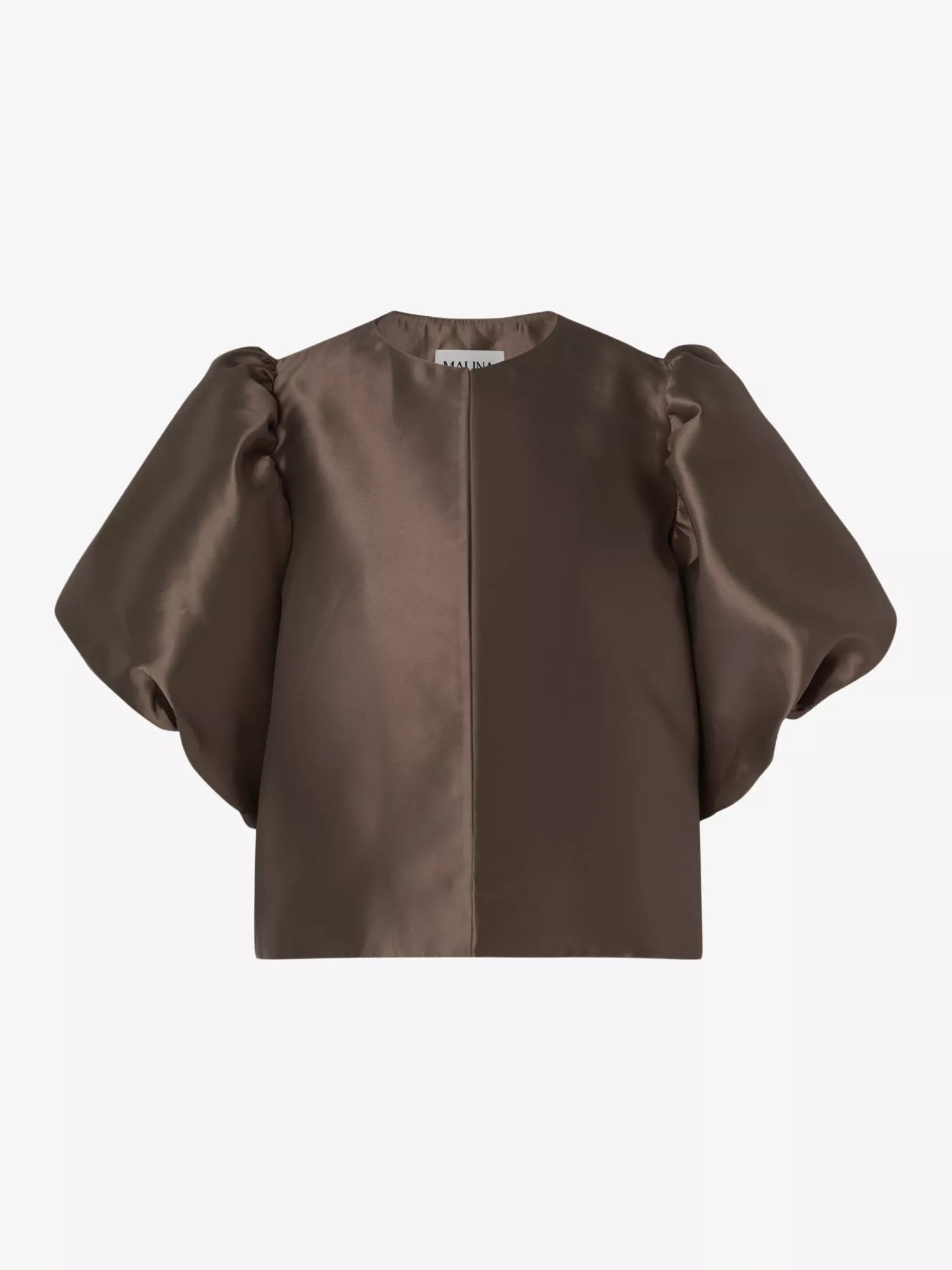 chocolate satin puff sleeve blouse with cropped fit and hook and eye closure