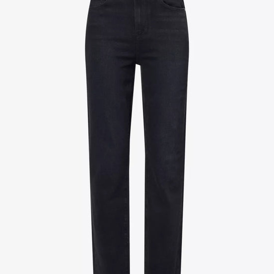 Black high-waisted straight-leg jeans shown flat against a light gray background.