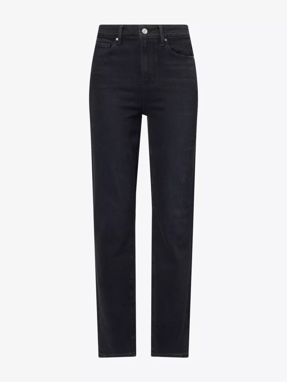 Black high-waisted straight-leg jeans shown flat against a light gray background.
