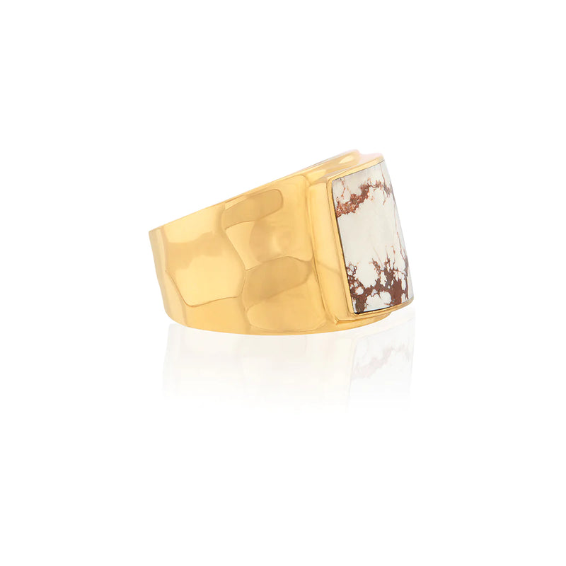 White buffalo turquoise cocktail ring in gold plated sterling silver