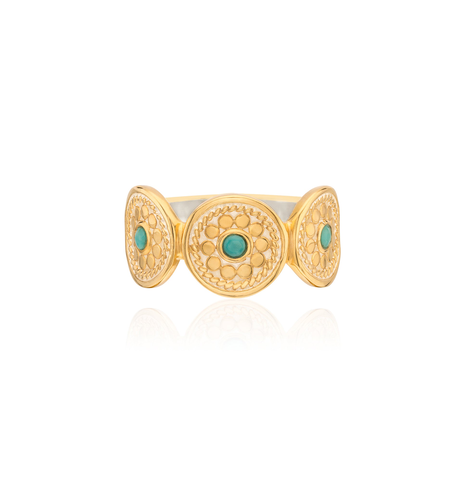 Gold ring with turquoise stones on a white background