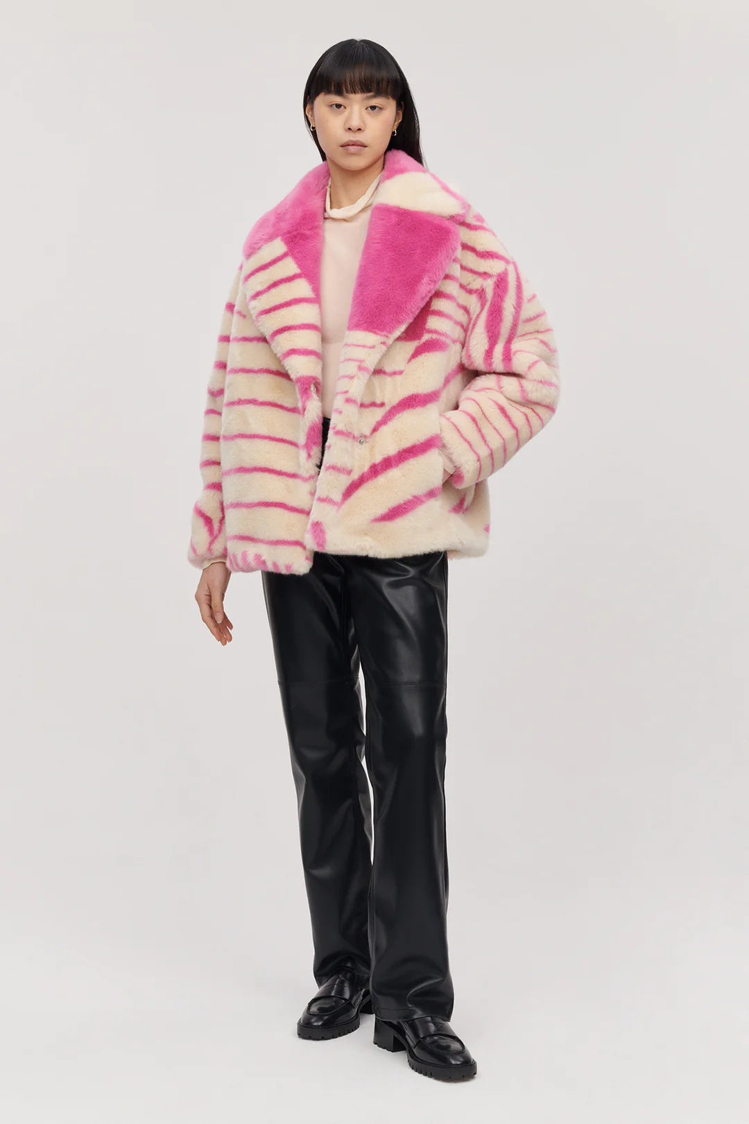 Boxy faux fur pink and ecru striped short jacket with notch lapel V neckline and inseam side pockets