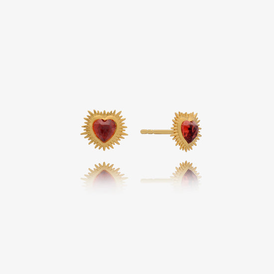 small spiky gold heart stud earrings with red stone inside and butterfly clasp from rachel jackson