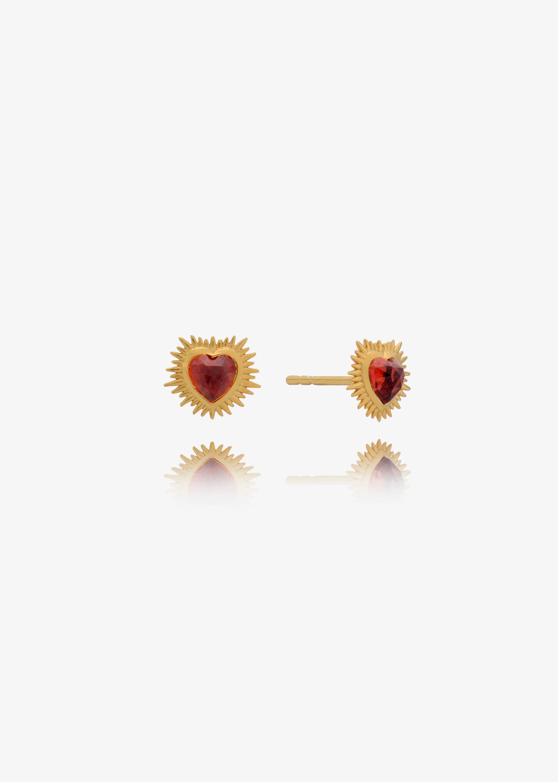 small spiky gold heart stud earrings with red stone inside and butterfly clasp from rachel jackson
