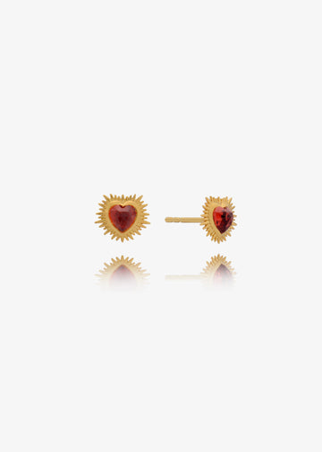 small spiky gold heart stud earrings with red stone inside and butterfly clasp from rachel jackson