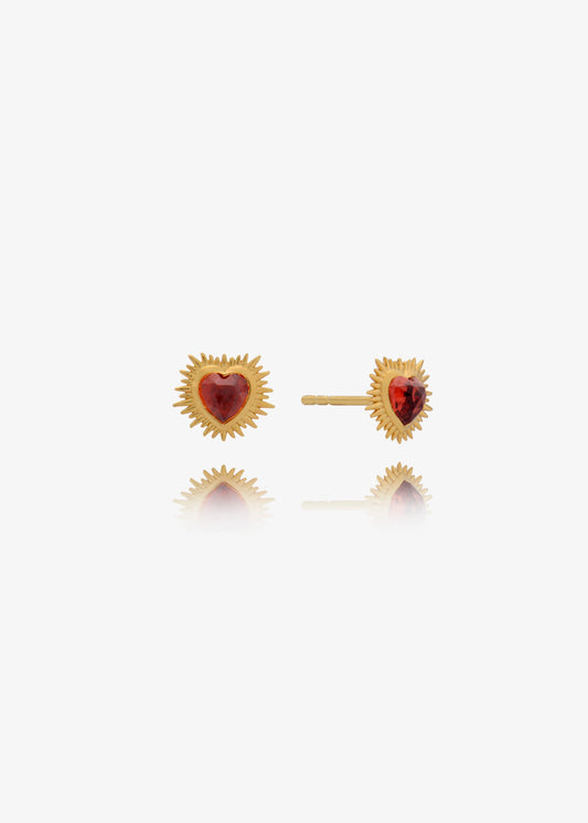 small spiky gold heart stud earrings with red stone inside and butterfly clasp from rachel jackson