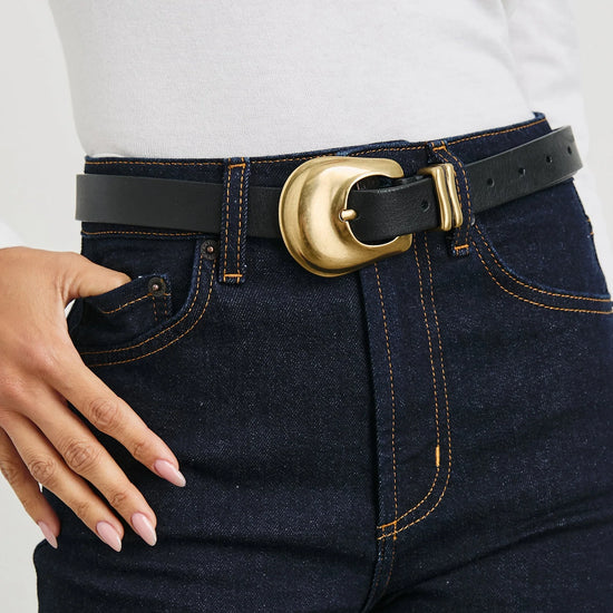 black leather belt with gold rodeo style buckle