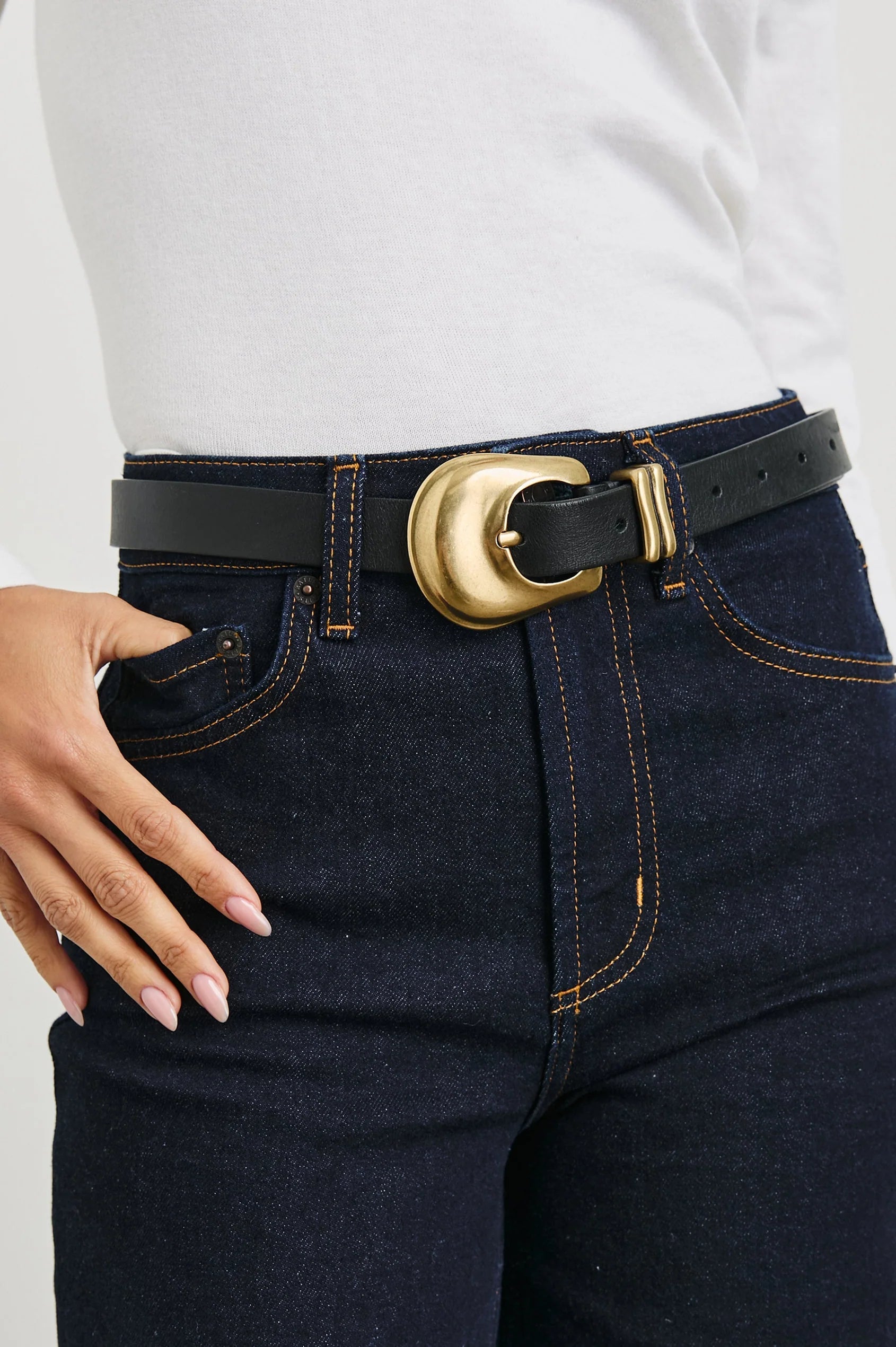 black leather belt with gold rodeo style buckle