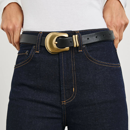 black leather belt with gold rodeo style buckle