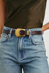 brown leather rodeo style belt with gold buckle