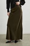 dark green brown long skirt with elasticated waist and a line shape