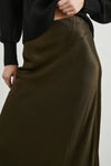 dark green brown long skirt with elasticated waist and a line shape close up