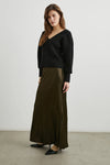 dark green brown long skirt with elasticated waist and a line shape side view 