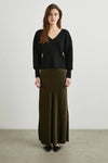 dark green brown long skirt with elasticated waist and a line shape