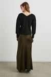 dark green brown long skirt with elasticated waist and a line shape rear view 