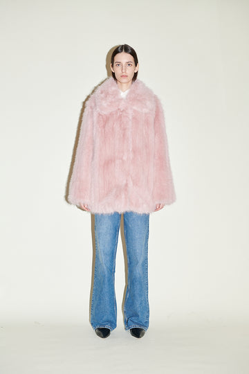 pin faux fur jacket with  large collar and subtle stripe running through