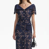 Navy open V neck fitted lace midi dress with short sleeves two front patch pockets and diamante and beaded buttons running the full length with full beige lining