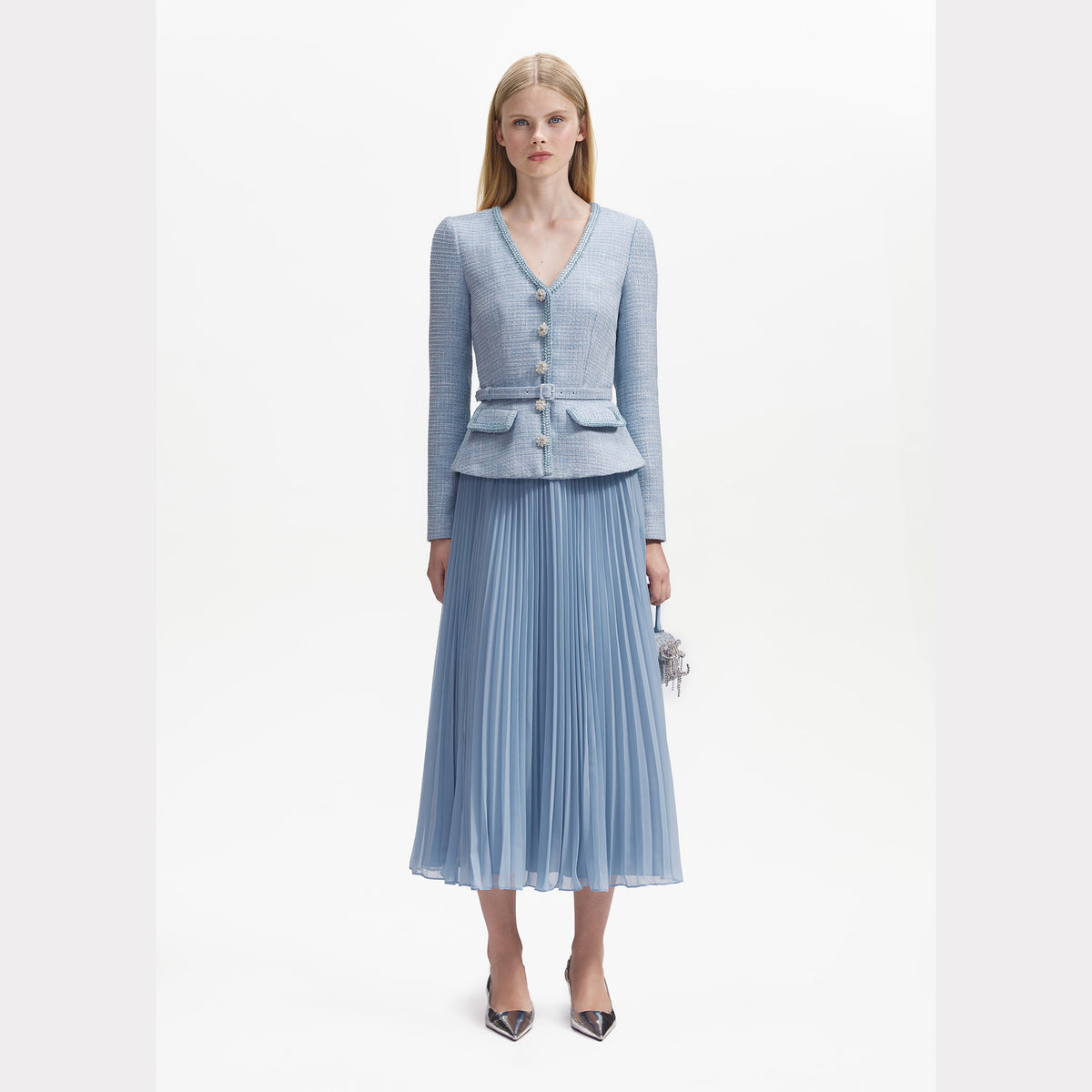 Light blue midi dress with boucle jacket top and crystal buttons and belt with pleated skirt
