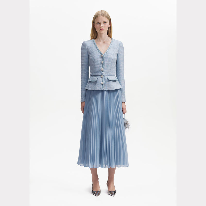 Light blue midi dress with boucle jacket top and crystal buttons and belt with pleated skirt