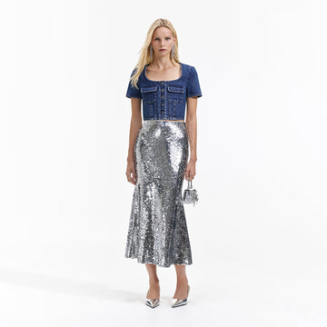 Silver all over sequin fluted maxi skirt