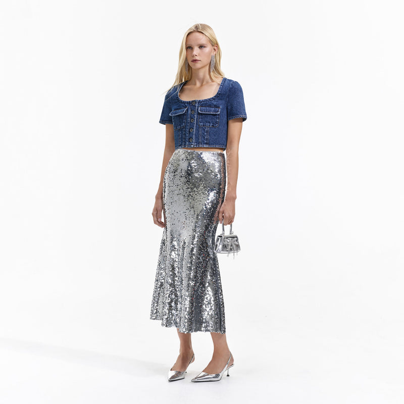 Silver all over sequin fluted maxi skirt