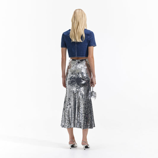 Silver all over sequin fluted maxi skirt