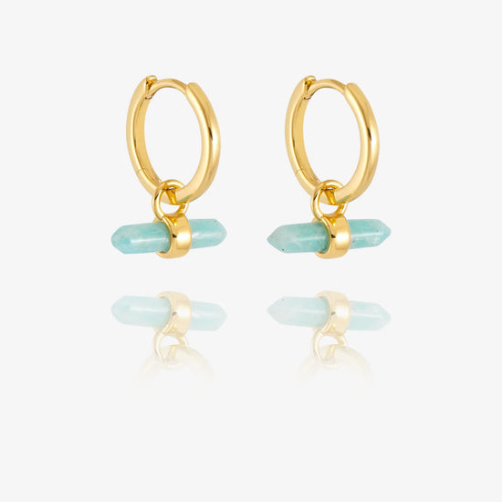 Gold hoop earrings with turquoise beads on a white background