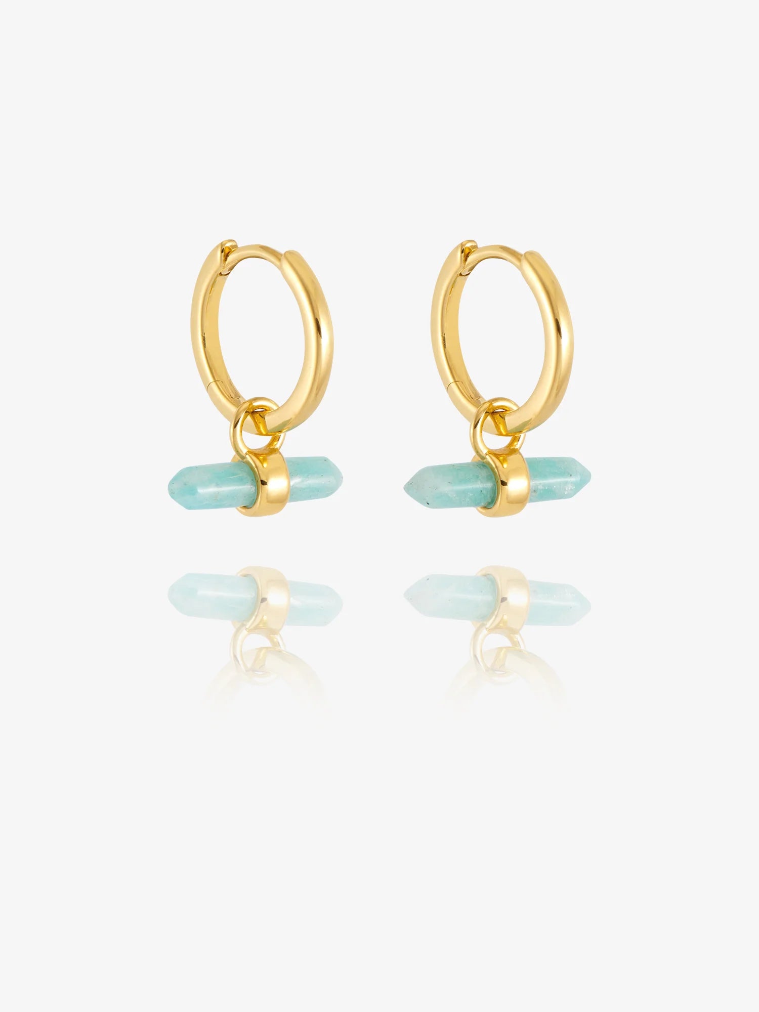 Gold hoop earrings with turquoise beads on a white background