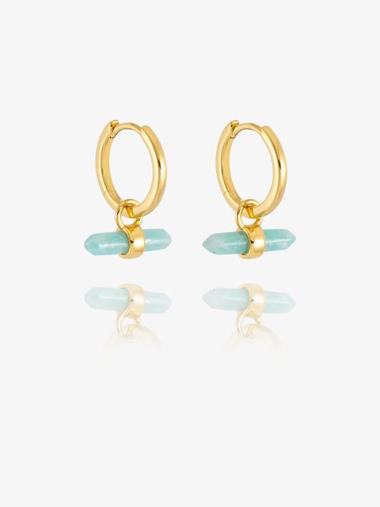 Gold hoop earrings with turquoise beads on a white background