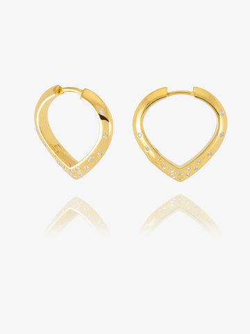 Gold hoop earrings with small diamonds on a white background