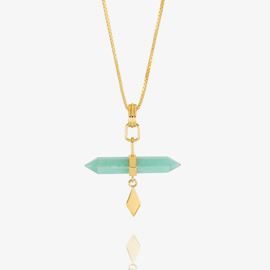 Gold necklace with green pendant on a white background