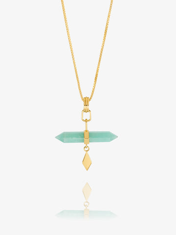 Gold necklace with green pendant on a white background