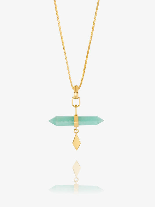 Gold necklace with green pendant on a white background
