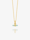 Gold necklace with a green pendant on a white background