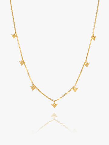 Gold necklace with bird-shaped pendants on a white background