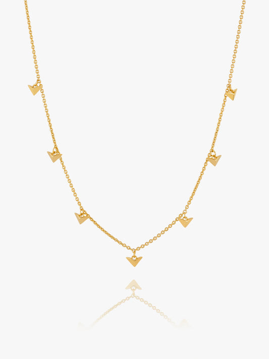 Gold necklace with bird-shaped pendants on a white background