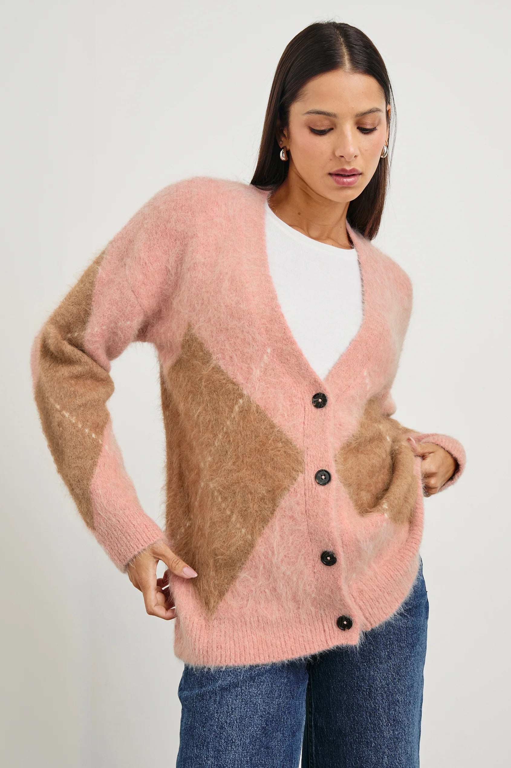 pastel pink argyle cardigan 