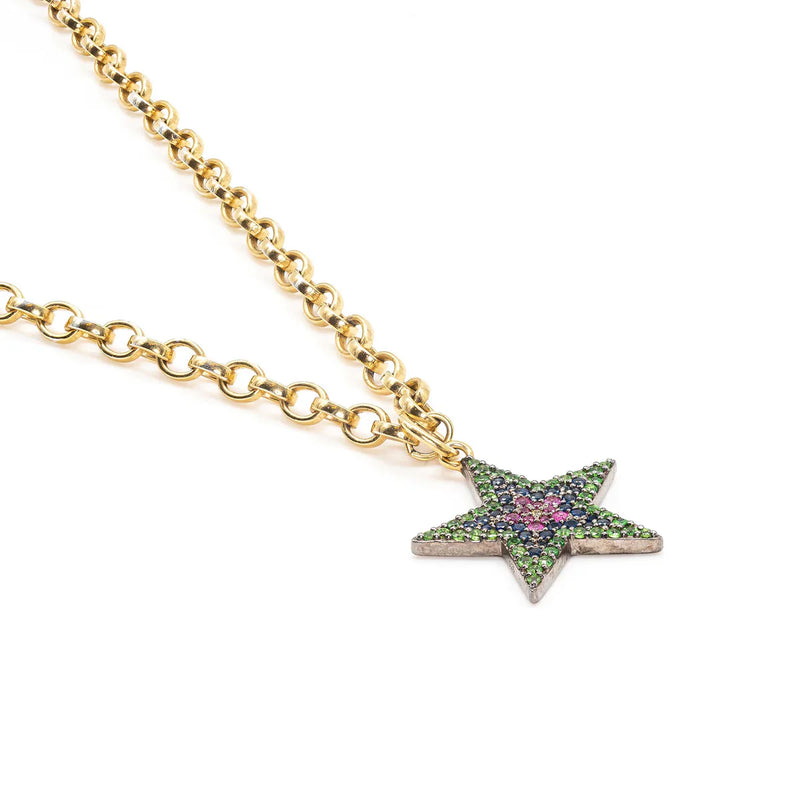 Gold chain necklace with star pendant featuring pave blue and pink sapphires and Tsavorite diamonds