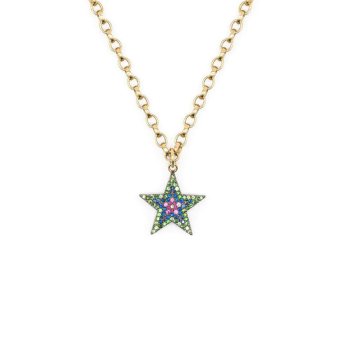 Gold chain necklace with star pendant featuring pave blue and pink sapphires and Tsavorite diamonds