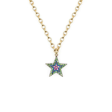 Gold chain necklace with star pendant featuring pave blue and pink sapphires and Tsavorite diamonds