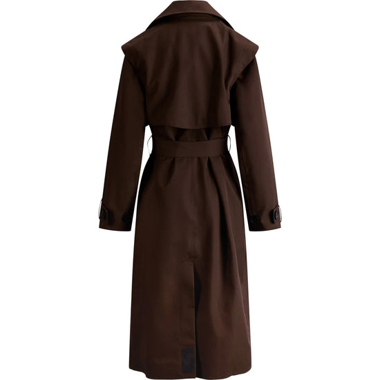 A dark brown trench coat shown from the back, featuring a wide collar, long sleeves, and a matching waist belt, set against a plain white background.