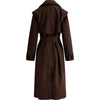 A dark brown trench coat shown from the back, featuring a wide collar, long sleeves, and a matching waist belt, set against a plain white background.
