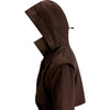 close up of hood of a brown trench coat on a white background