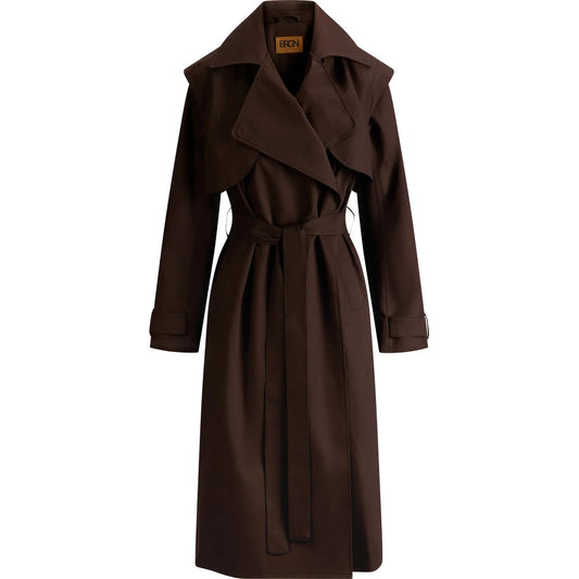 Brown long trench coat on a white background